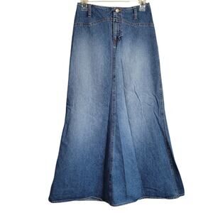 Ralph Lauren Denim Maxi Skirt 0 USA Made Long Modest Western Jean Skirt Y2K Blue